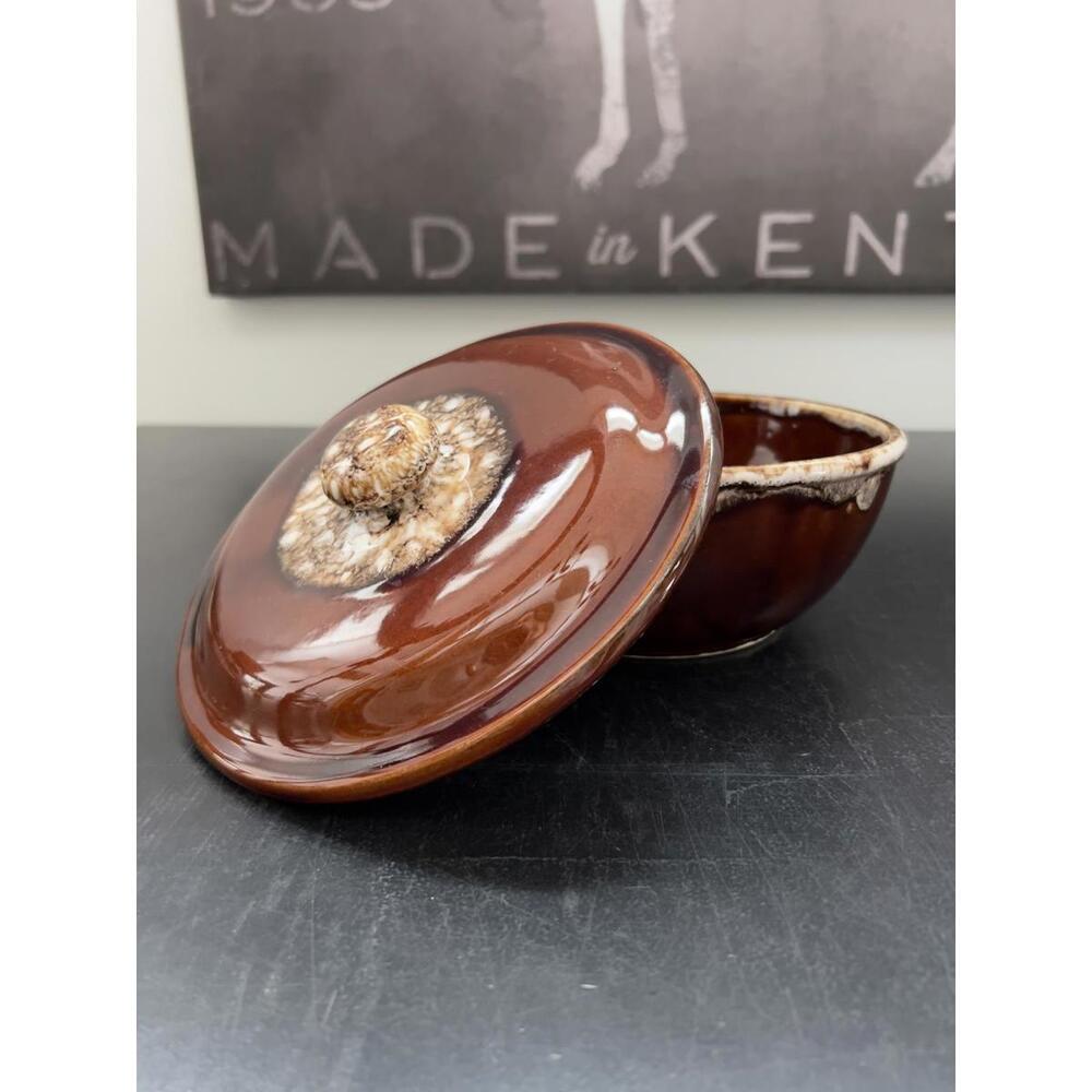Vintage Kathy Hale Glazed Ceramic Covered‎ Bowl with Brown and Tan Glaze
